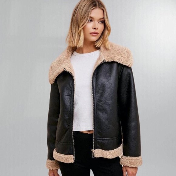 Boxy Vegan Leather Shearling Trimmed  Aviator Jacket - Picture 1 of 6